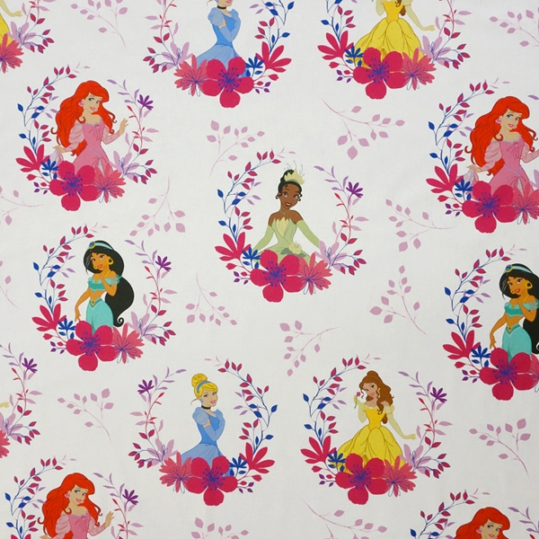 TISSU DISNEY PRINCESSE EN FLEUR COTON FOND BLANC