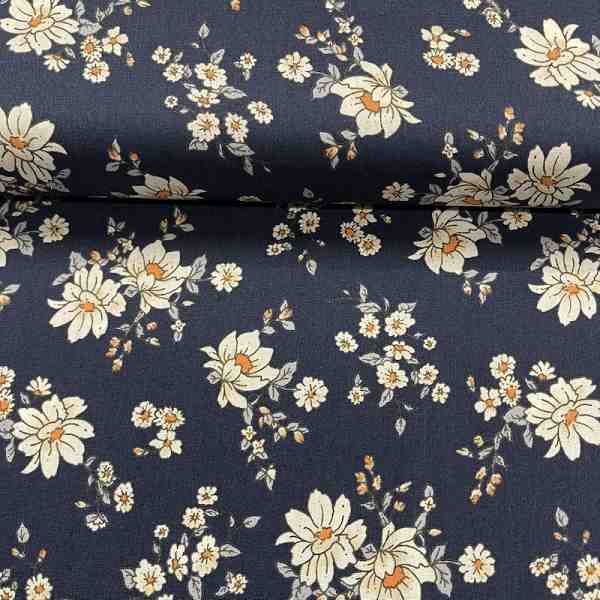 TISSU COTON IMPRIME FLEURS FOND BLEU MARINE