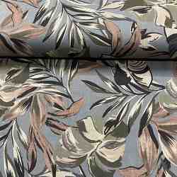 TISSU COTON IMPRIME FEUILLAGE FOND BLEU GRIS