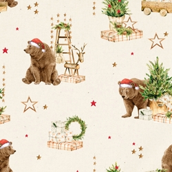 TISSU NOEL COTON FOND NATUREL OURS BRUN 