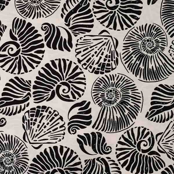 TISSU VISCOSE IMPRIME COQUILLAGES NOIR ET NATUREL