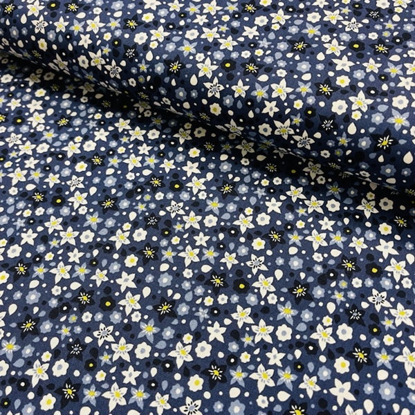 TISSU COTON IMPRIME FLEUR FOND BLEU DENIM