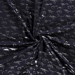 TISSU JERSEY IMPRIME DINOSAURE METAL MARINE ARGENT