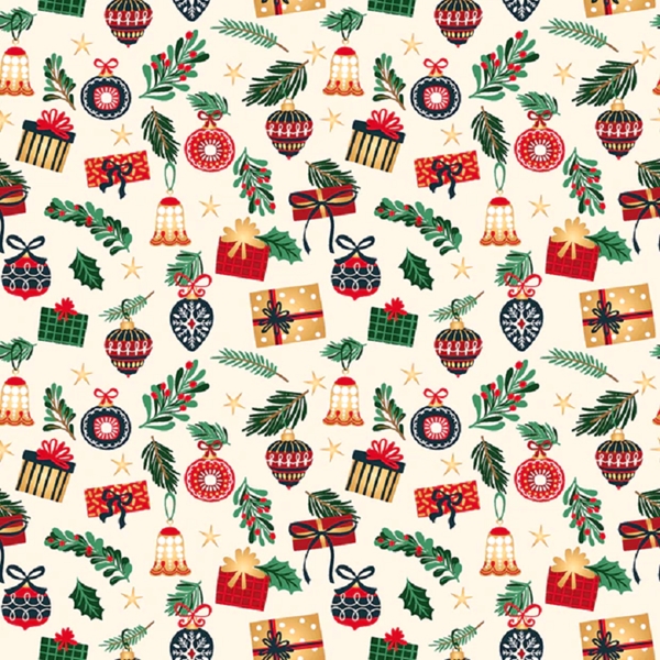 TISSU NOEL COTON FOND NATUREL CADEAUX MULTI