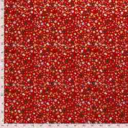 TISSU NOËL COTON MOTIFS FESTIFS DORÉS FOND ROUGE 
