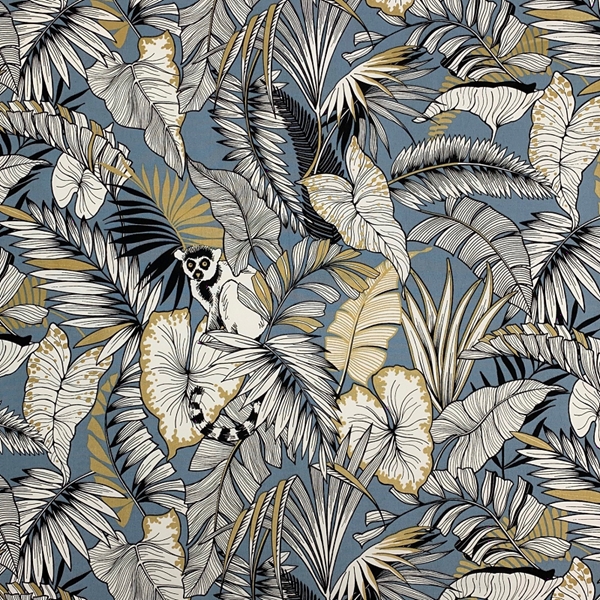 TISSU TOILE COTON GOLD JUNGLE BLEU STONE