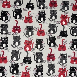 TISSU COTON CHAT KITTY ET SOURIS NOIR GRIS