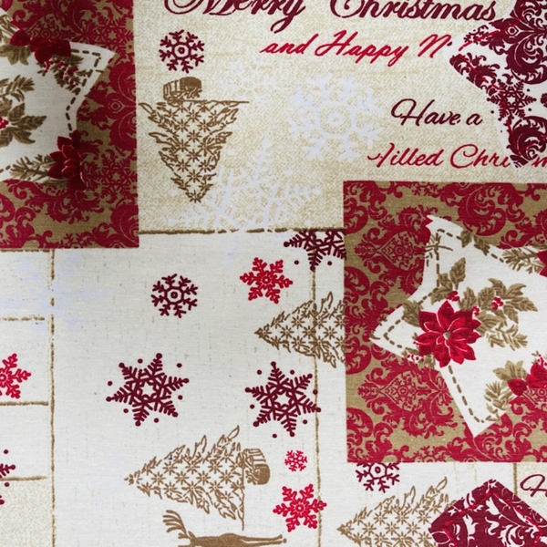 TISSU NOEL "MERRY CHRISTMAS" ROUGE ET ECRU