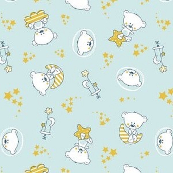 COTON IMPRIME OEKOTEX OURSONS NUAGE BLEU CIEL