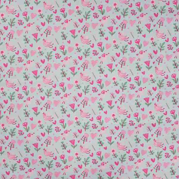 TISSU COTON IMPRIMÉ OISEAUX ET CŒURS ROSES
