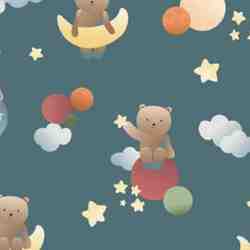 TISSU COTON OURSONS ET GALAXIE – FOND BLEU PÉTROLE