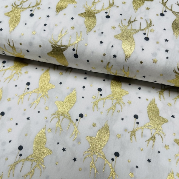 TISSU COTON IMPRIME DE NOEL CERF OR NATUREL 