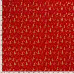 TISSU NOEL COTON FOND ROUGE SAPIN DORE 