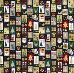 TISSU NOËL COTON PATCHWORK ICÔNES DORÉES FOND VERT