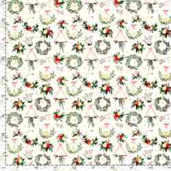 TISSU COTON NOËL COURONNES FLORALES FOND ÉCRU