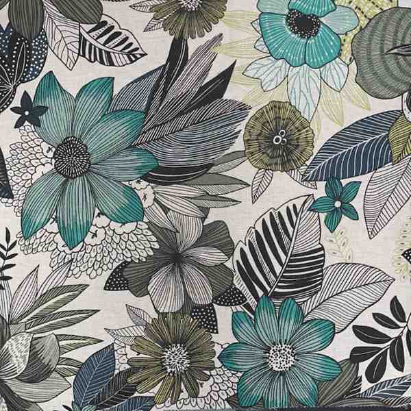 TISSU ASPECT LIN HANOI FLORAL VERT SAUGE ET BLEU