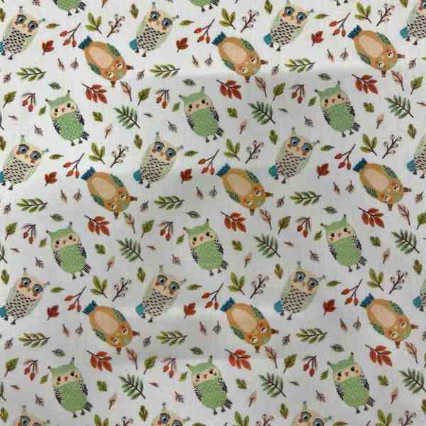 PERCALE DE COTON IMPRIME LA FAMILLE DES HIBOUX 