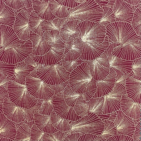 TISSU COTON IMPRIME GINKO BORDEAUX 