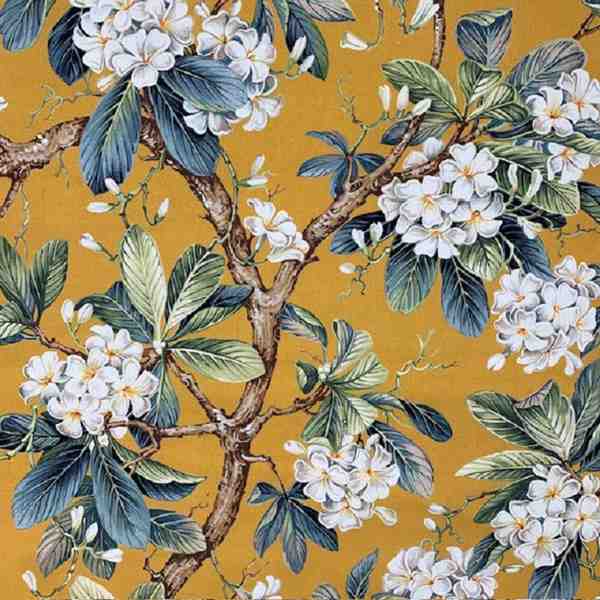 TISSU TOILE BACHETTE BRANCHE ET FLEUR FOND SAFRAN