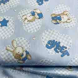 TISSU PIQUE DE COTON PETIT COEUR LAPIN BLEU CIEL