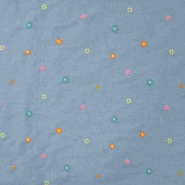 TISSU JEAN BLEU BRODERIE FLEUR MULTI