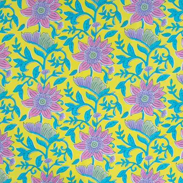 TISSU COTON IMPRIMÉ FLEURS ARABESQUES FOND JAUNE 