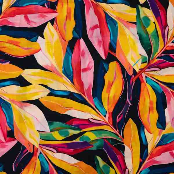 TISSU COTON LIN IMPRIMÉ FEUILLAGE COLORÉ FOND NOIR