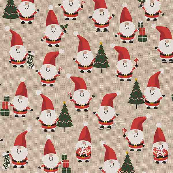 TISSU TOILE ASPECT LIN PERE NOEL ET LES CADEAUX
