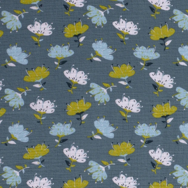 TISSU DOUBLE GAZE IMPRIMEE FLEUR BLEU JEANS