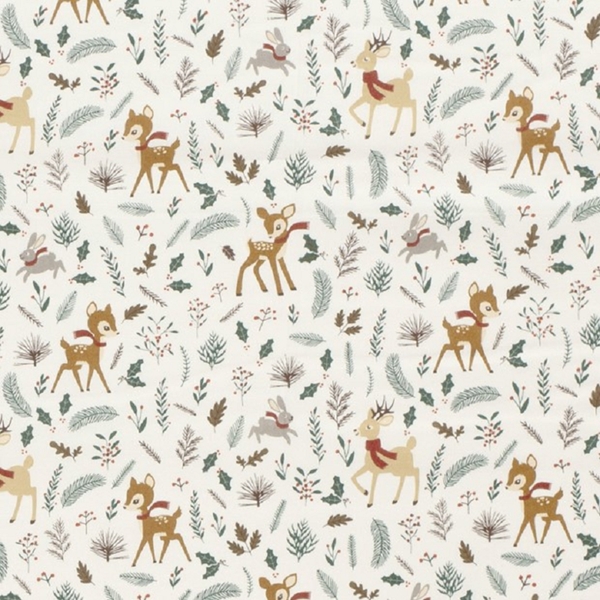 TISSU NOEL COTON BICHE ET LAPIN FOND BLANC