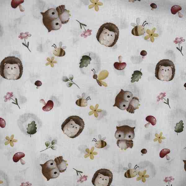 PERCALE DE COTON LES AMIS HERISSON ET CHOUETTE
