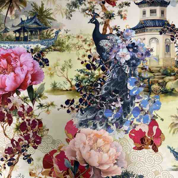 TISSU VELOURS IMPRIMÉ PAON ET FLEURS MINAKO