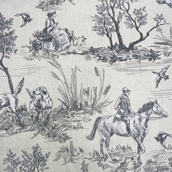 TISSU TOILE DE JOUY SCENE DE CHASSE GRIS