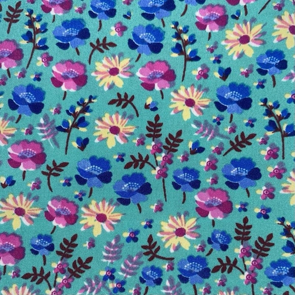 COUPON  POLYESTER FLEUR JAUNE TURQUOIS 1M50 X 1M40