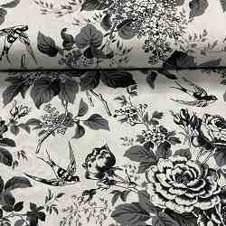 TISSU COTON IMPRIME HIRONDELLE ET FLEUR GRIS NOIR 