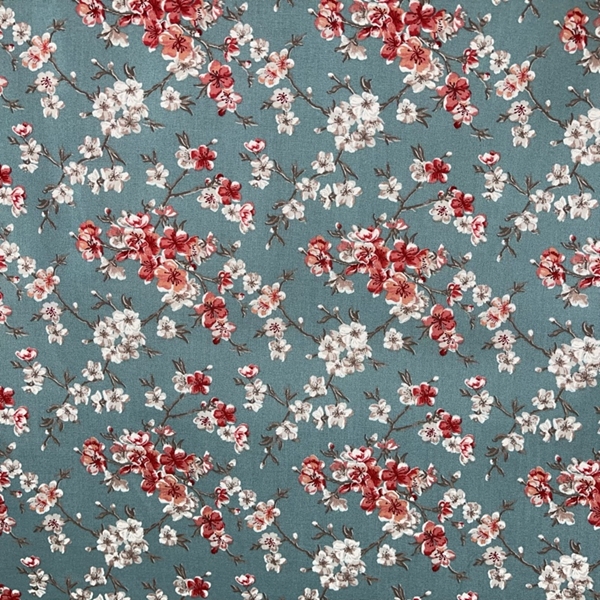 TISSU JAPONAIS FLEURS BLEU TURQUOISE