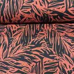 TISSU SATIN COTON FEUILLAGE ROUGE ORANGE