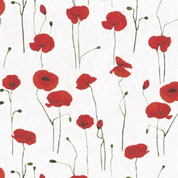 TISSU TOILE  POPPY COQUELICOT FOND BLANC  
