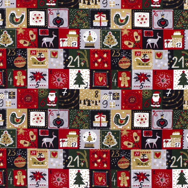 TISSU COTON IMPRIME NOEL CALENDRIER DE L'AVENT