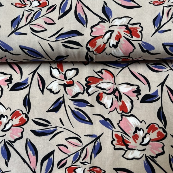 TISSU CHEMISIER VISCOSE FLEUR ROSE BLEU 