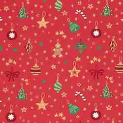 TISSU COTON NOËL ORNEMENTS FOND ROUGE