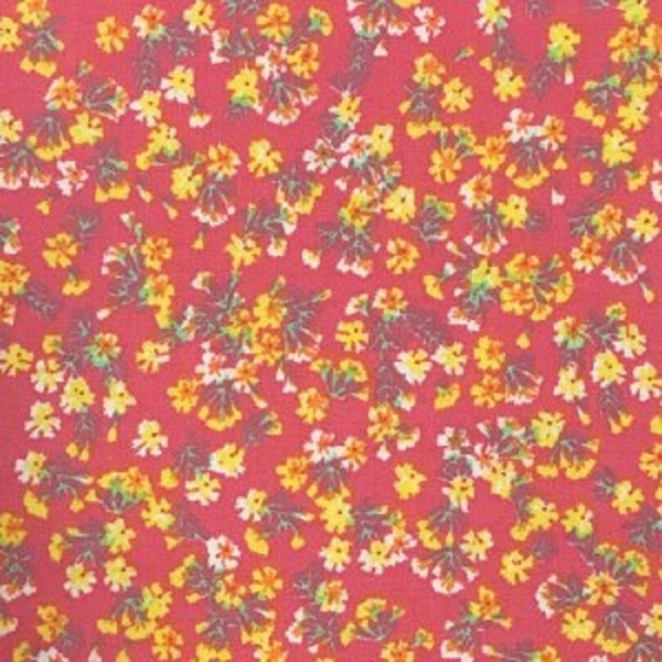 TISSU COTON IMPRIME FLEUR JAUNE FOND CORAIL