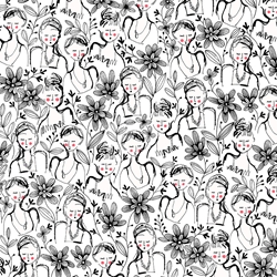 TISSU COTON FLORAL GIRL BLANC NOIR