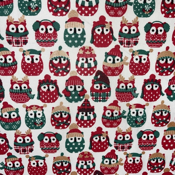TISSU COTON IMPRME HIBOU ROUGE/VERT/OR 