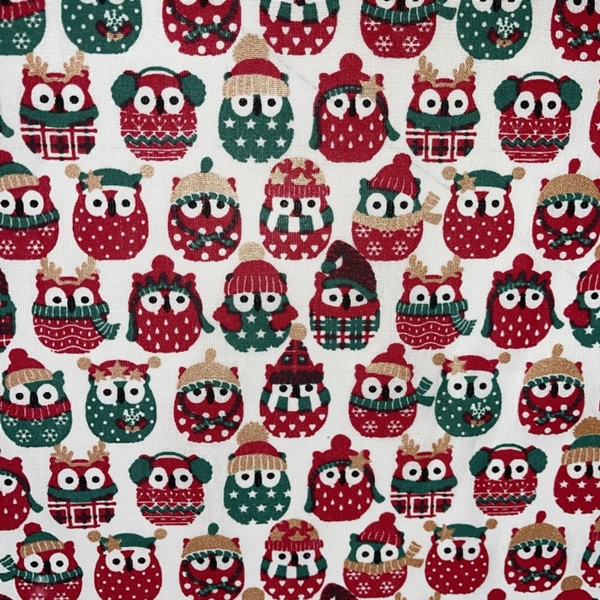 TISSU NOEL COTON HIBOU ROUGE/VERT/OR 