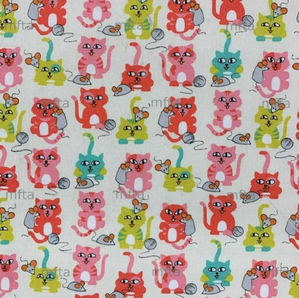 TISSU COTON CHAT KITTY ET SOURIS MULTICOLORE