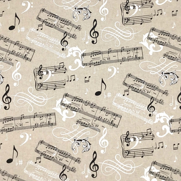 TISSU TOILE ASPECT LIN LA CLEF DE SOL NOIR BLANC