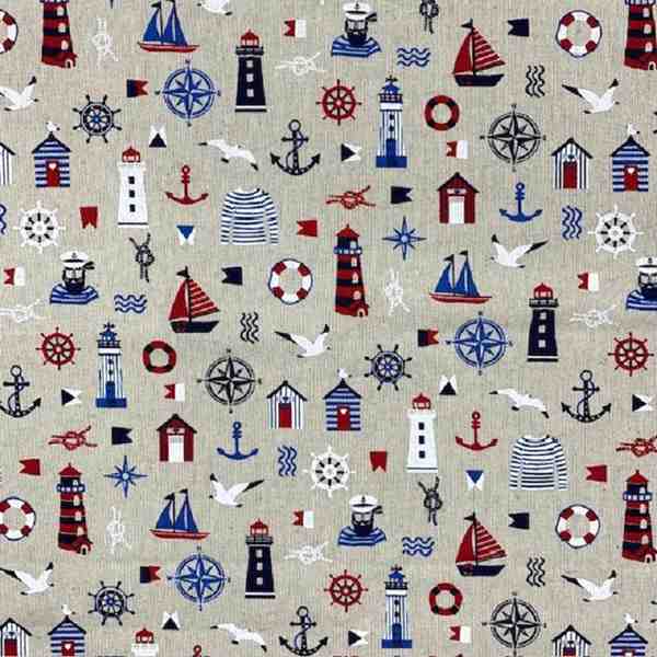 TISSU TOILE ASPECT LIN MARIN BLEU BLANC ROUGE 