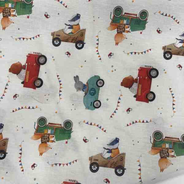 PERCALE DE COTON IMPRIME VOITURES ET ANIMAUX 