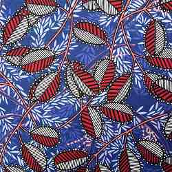 TISSU TOILE BACHETTE FEUILLES ETHNIQUES BLEU ROUGE